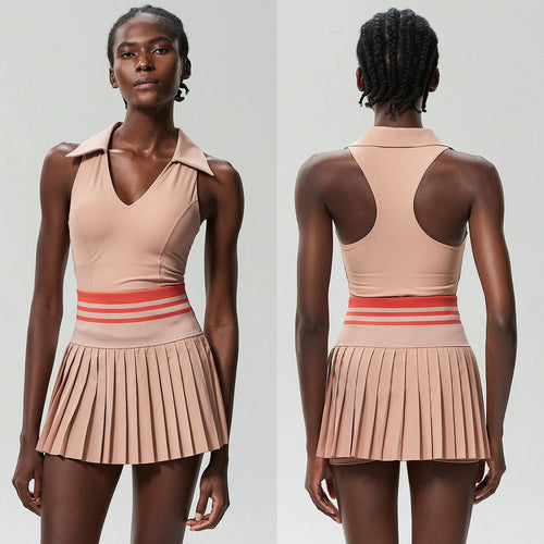 Women Two Pieces Yoga Set Solid Color Gym Top Tennis Skirt Sports Suit