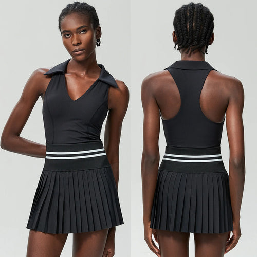 Women Two Pieces Yoga Set Solid Color Gym Top Tennis Skirt Sports Suit