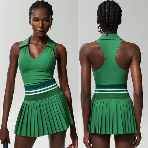 Women Two Pieces Yoga Set Solid Color Gym Top Tennis Skirt Sports Suit