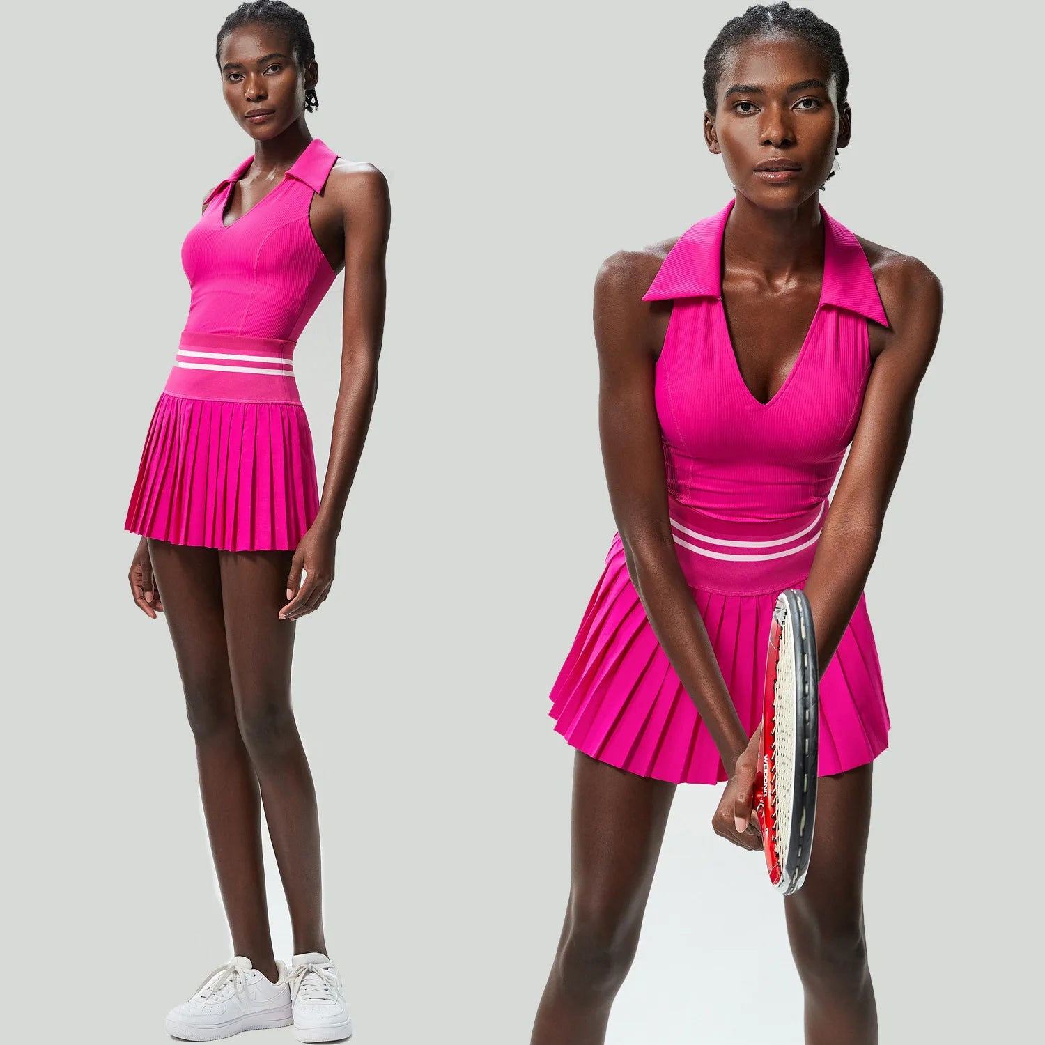 Women Two Pieces Yoga Set Solid Color Gym Top Tennis Skirt Sports Suit