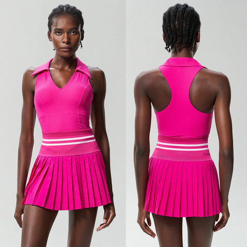 Women Two Pieces Yoga Set Solid Color Gym Top Tennis Skirt Sports Suit