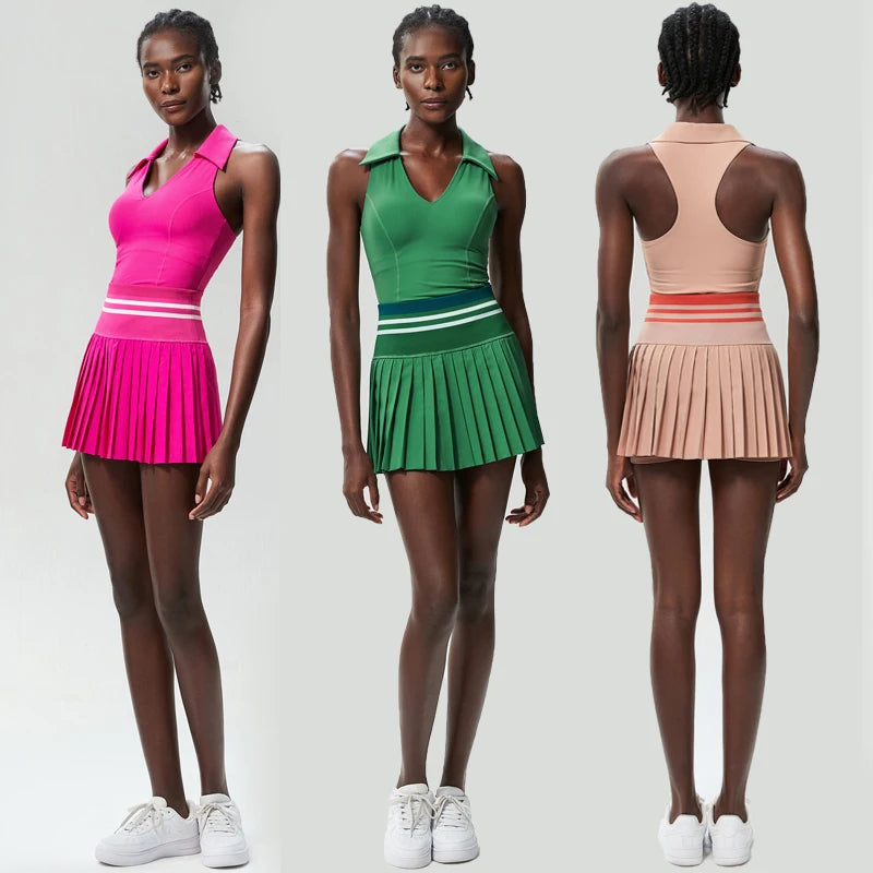 Women Two Pieces Yoga Set Solid Color Gym Top Tennis Skirt Sports Suit